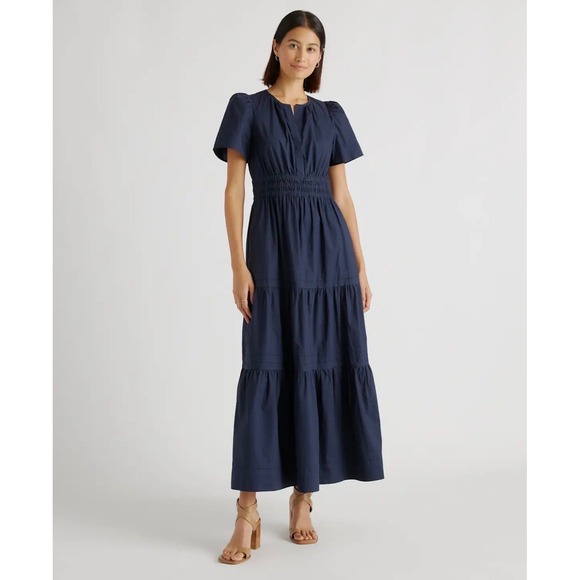 Quince Dresses & Skirts - Quince Womens Navy Blue Cotton Poplin Tiered Maxi Dress Smocked Waist Size M NWT